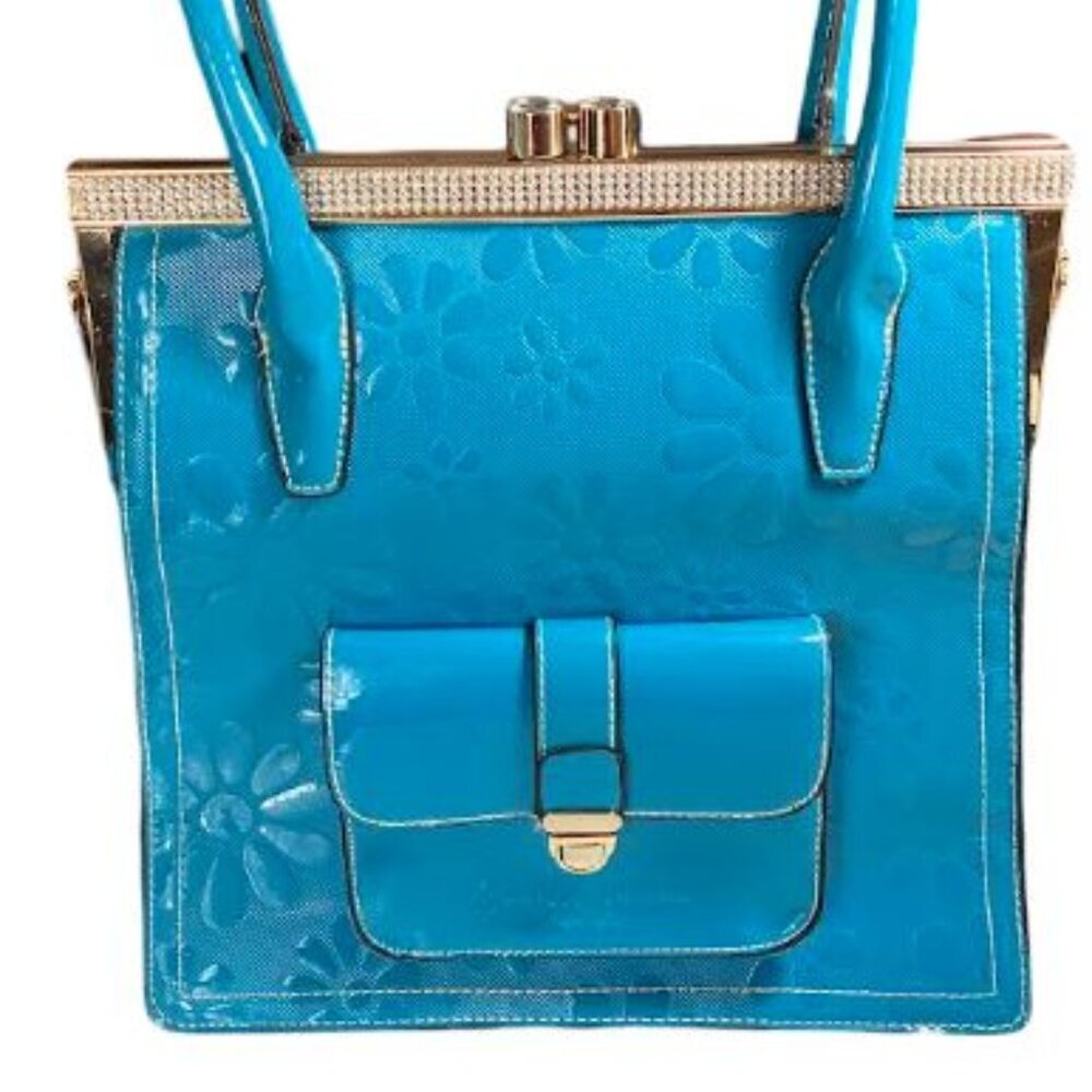 Vintage Candace Christian Napa Valley Patent Leather Large Turquois Tote EUC - Picture 2 of 14